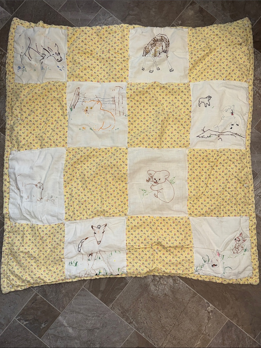 Vintage Handmade Yellow Floral Patchwork Quilt with Animal Embroidery 40x40